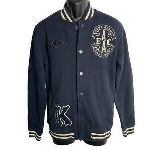 Superdry Varsity Bomber Jacket L Blue Embroidered Snaps Pockets Fleece Lined